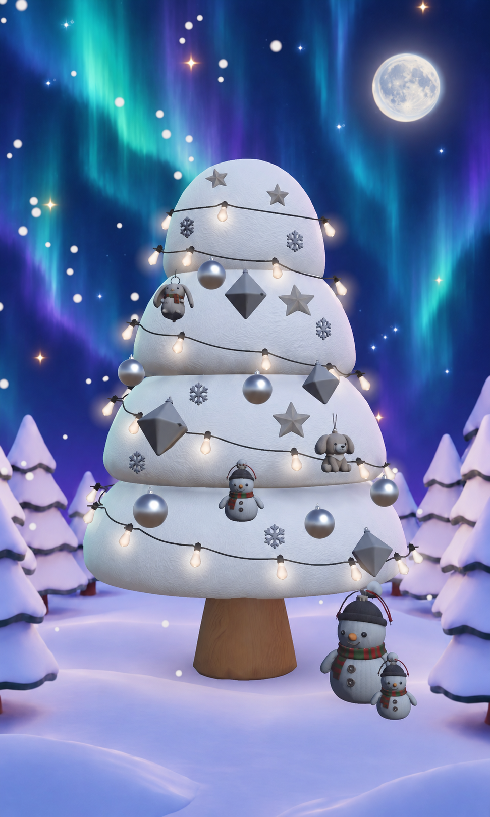눈 내린 마을에서 조명과 선물 장식으로 꾸민 Treemas 트리