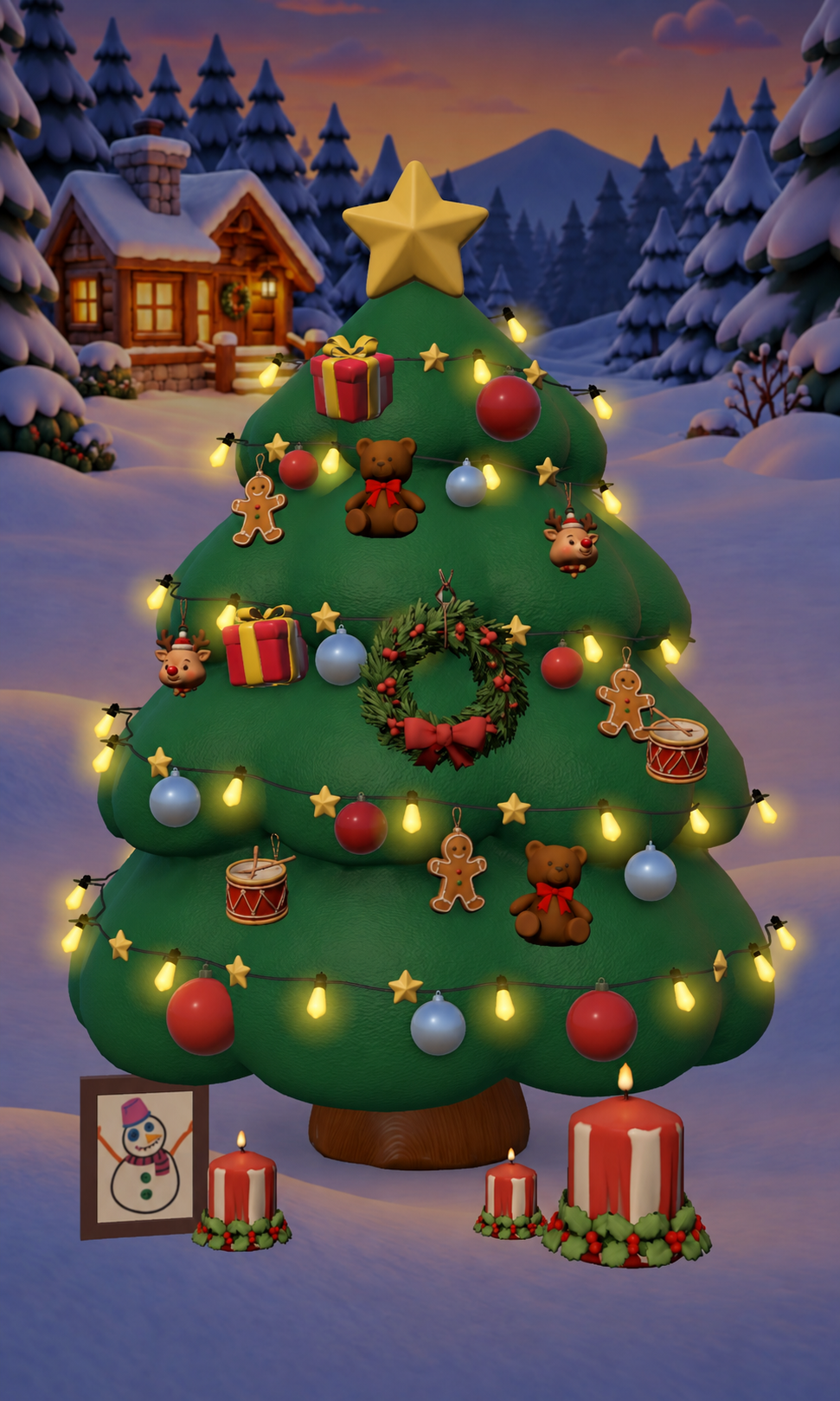 곰 인형, 빨간 오너먼트와 따뜻한 조명으로 꾸민 Treemas 크리스마스 트리